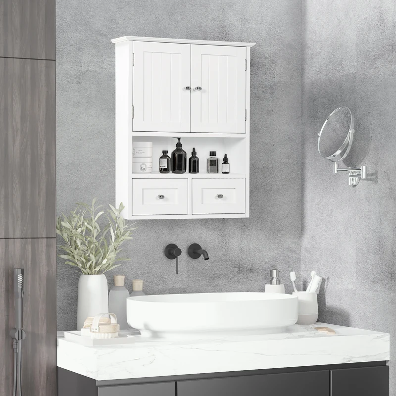 kleankin Armadietto Pensile Bagno a 2 Ante con Ripiano Aperto e 2 Cassetti in Legno, Bianco