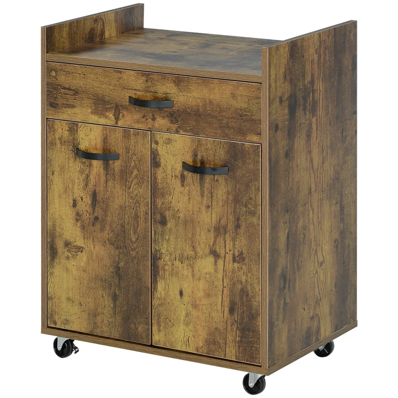 HOMCOM Carrello da Cucina con Cassetto, Armadietto e 4 Ruote in Legno, 60x40x77cm, Marrone Rustico