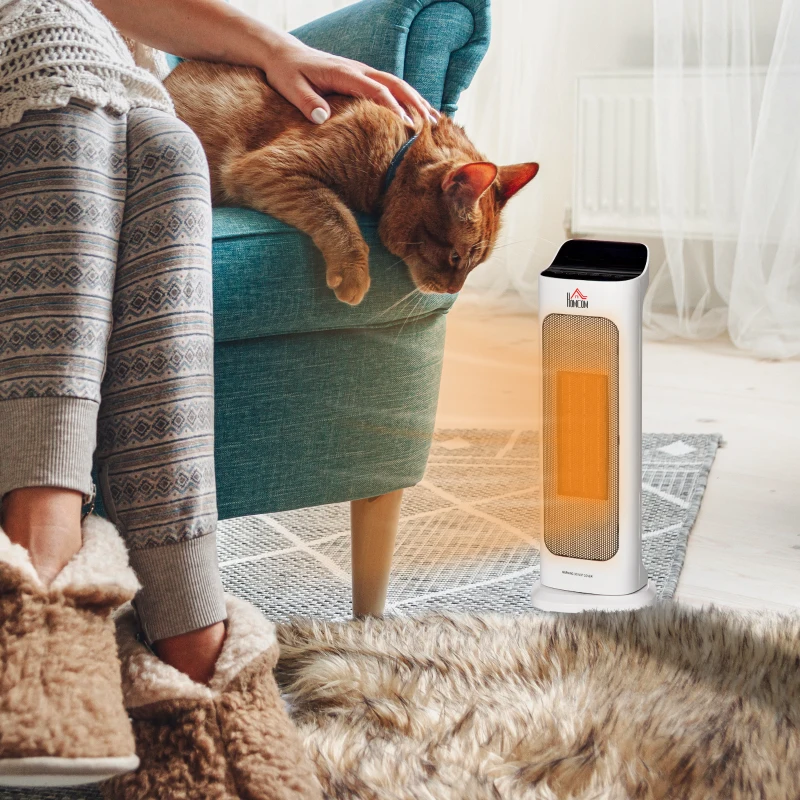 HOMCOM Stufetta Elettrica Oscillante con Telecomando, Temperatura Regolabile e Timer, Potenza 1000W/2000W, 17.6x13.7x50cm, Bianco