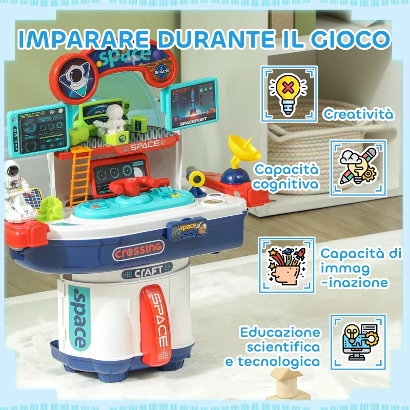 AIYAPLAY Banco da Lavoro Giocattolo da 21 Pezzi a tema Spaziale con Suoni e Luci, in PP e GPPS, 45.5x24x52.5 cm