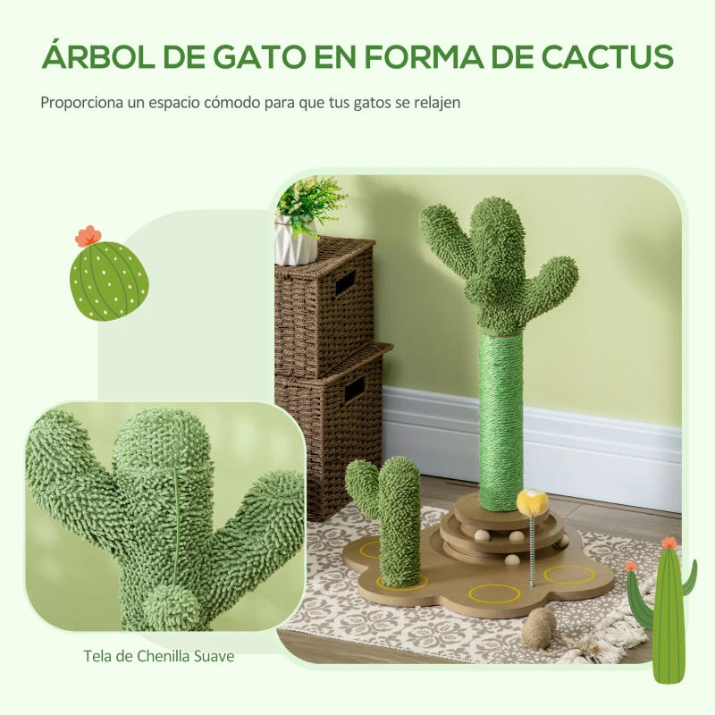 PawHut Mini Árbol Rascador para Gatos con Postes de Cactus de Chenilla con Juego de Bolas en la Base 46x43x60 cm Verde
