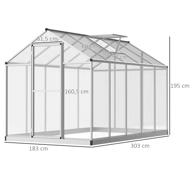 Outsunny Serre de Jardin 3 x 2 m Aluminium Polycarbonate 5,5 m² Fondation Lucarne Porte loquet