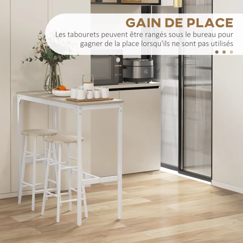 HOMCOM Ensemble table haute de bar + 2 tabourets structure en acier plateau aspect bois naturel 2 personnes blanc