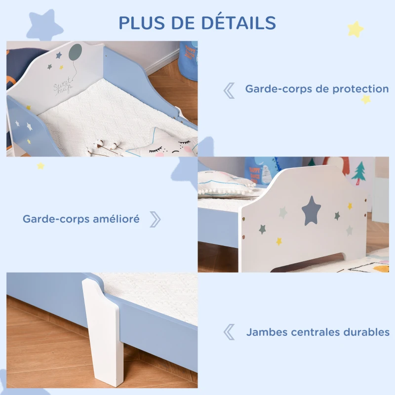 HOMCOM Lit pour enfants de 3 à 6 ans design étoiles sommier à lattes inclus chambre moderne 143 x 74 x 59 cm bleu blanc