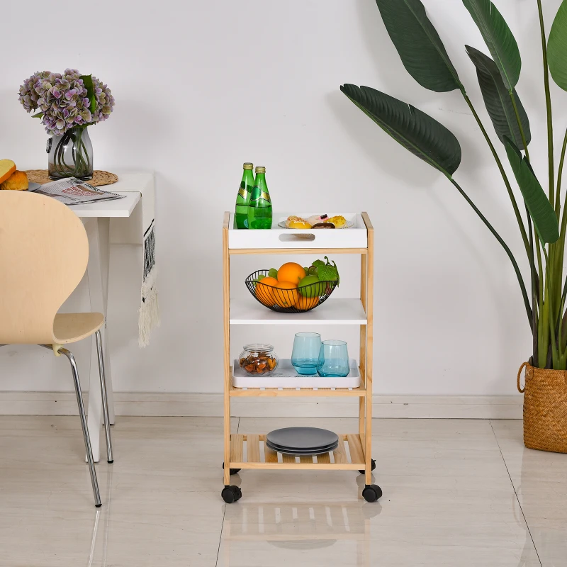 HOMCOM 4-Tier Moving Trolley Cart MDF Wood Blend w/ Tray Shelves 4 Universal Wheels Home Kitchen Office Storage Island Unit White Brown