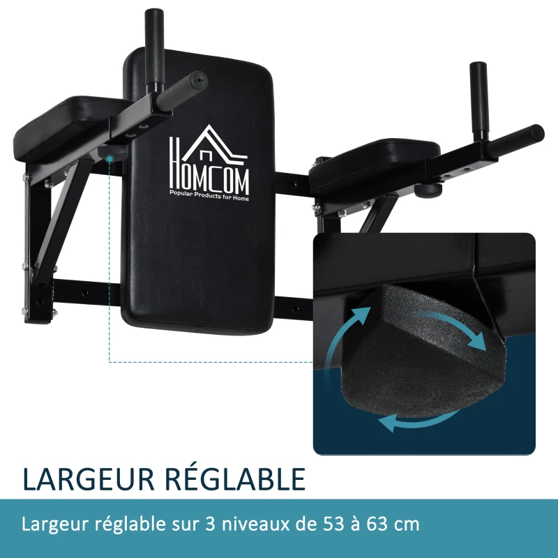HOMCOM Barre de traction murale barre de fitness barre d'étirement musculation en acier avec coussin de dossier et coudière largeur réglable sur 3 niveaux 70 x 48 x 53-63 cm noir
