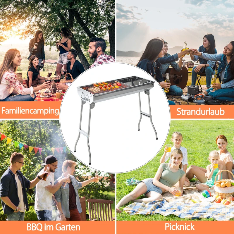 Outsunny Holzkohlegrill Standgrill Grill klappbar, Edelstahl, Silber, 73x33x71cm
