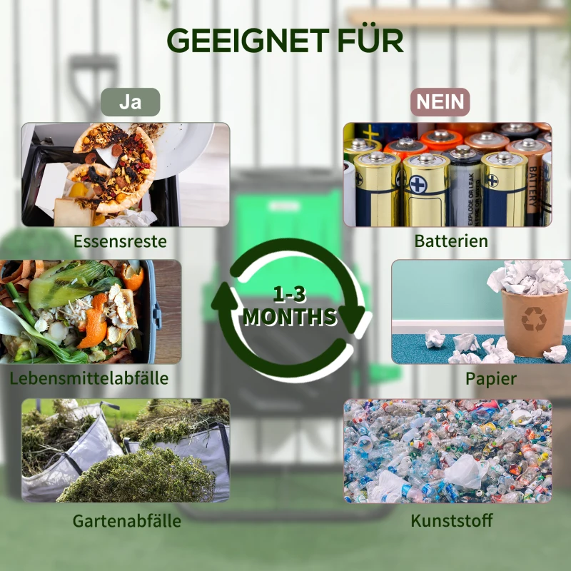 Outsunny Compostbak, 65 Liter Composter, Draaibaar, Compact, 48 Ventilatiegaten, Staal, Kunststof, Groen+Zwart