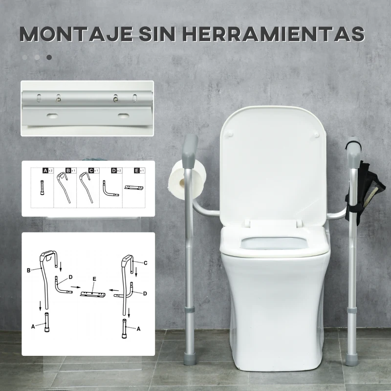HOMCOM Barra de Seguridad para Inodoro con Asas Antideslizante Bolsillo Anchura y Altura Ajustable 55-62x47x64-74 cm Plata