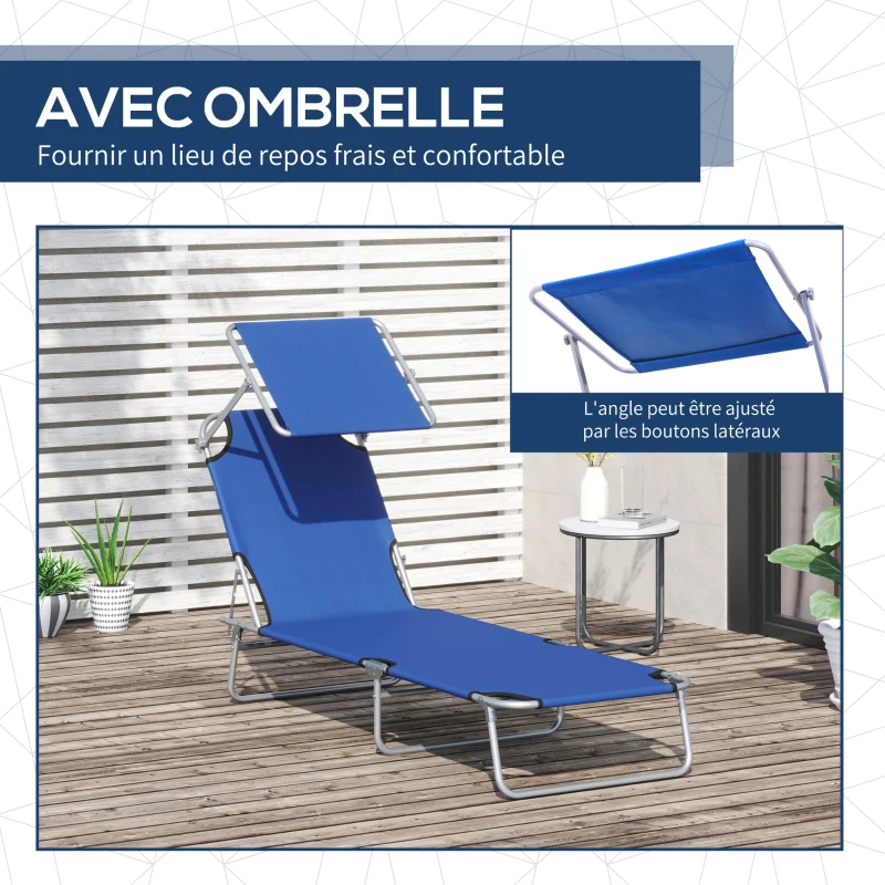 Outsunny Transat Bain de Soleil Pliable Chaise Longue Pliante Grand Confort Dossier Inclinable Multi-positions et Pare-Soleil réglable Dim. 187L x 58l x 36H cm bleu