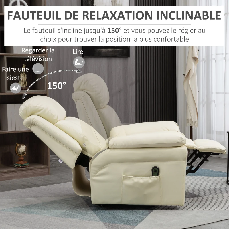HOMCOM Fauteuil de Relaxation électrique Fauteuil releveur inclinable avec Repose-Pied Ajustable revêtement synthétique crème