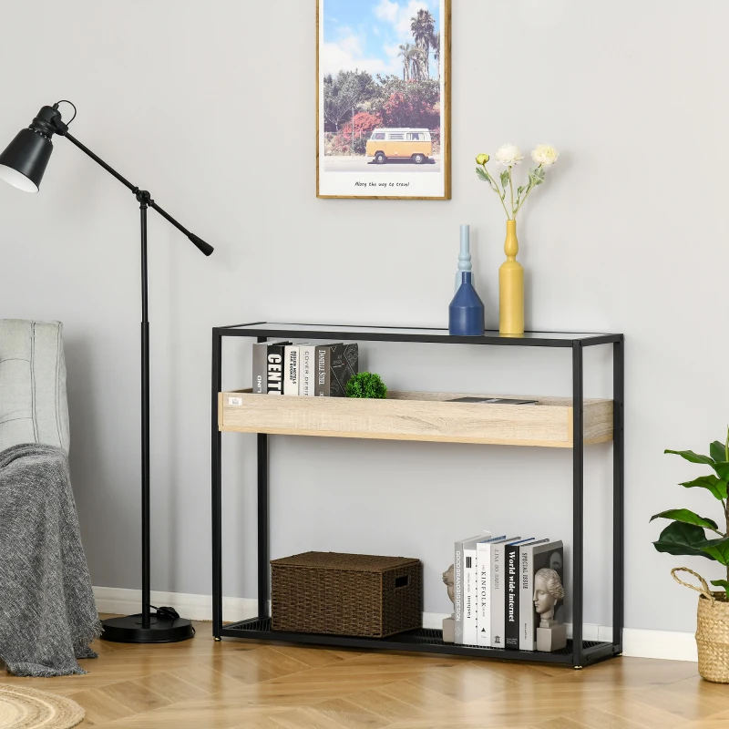 HOMCOM Mesa Consola de Entrada 108x28x85 cm Mueble Recibidor con Encimera de Cristal Estante y Rejilla Inferior Marco de Acero para Pasillo Salón Extremo del Sofá Negro