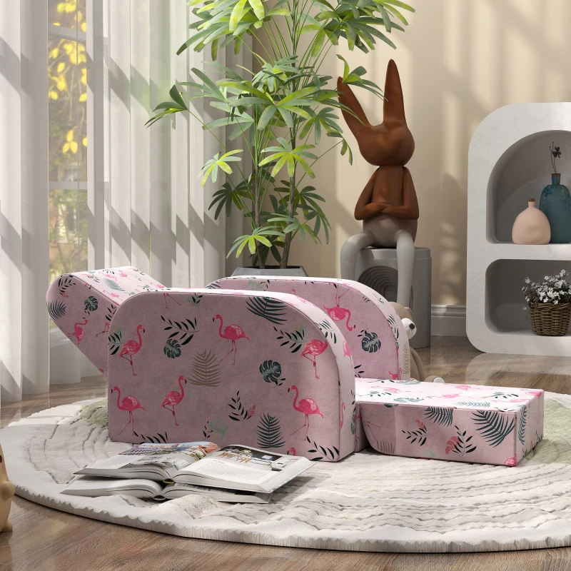 AIYAPLAY Kindersessel mit Bettfunktion, bis 3 Jahre/45 kg, Flamingo-Muster, 46,5x93x28,5 cm, Rosa