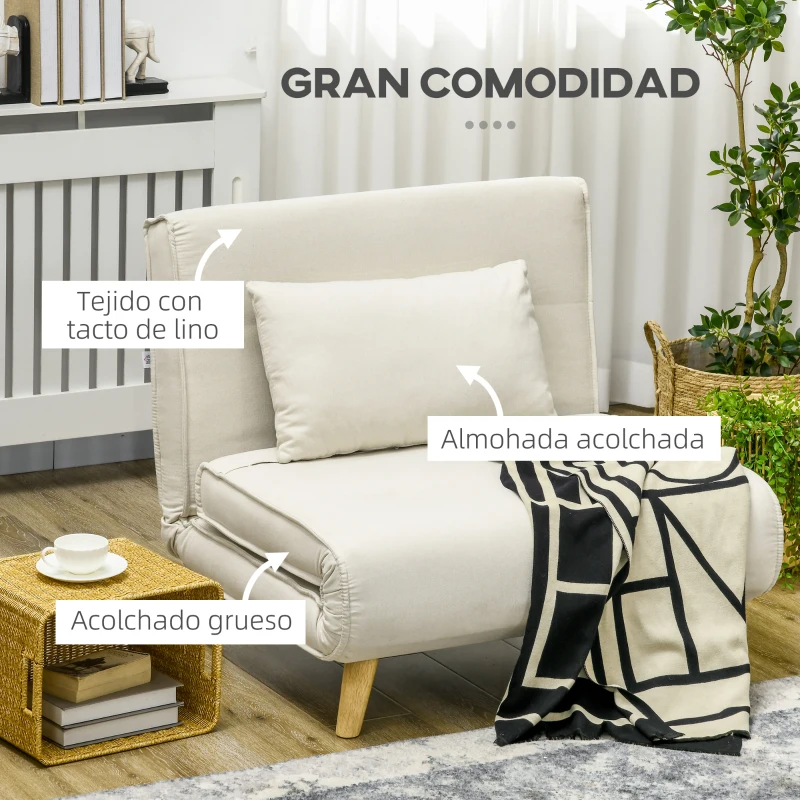 HOMCOM Sillón Cama Individual 3 en 1 Sofá Cama Plegable con Respaldo Ajustable y Cojín para Sala Dormitorio 90x78x79 cm Crema