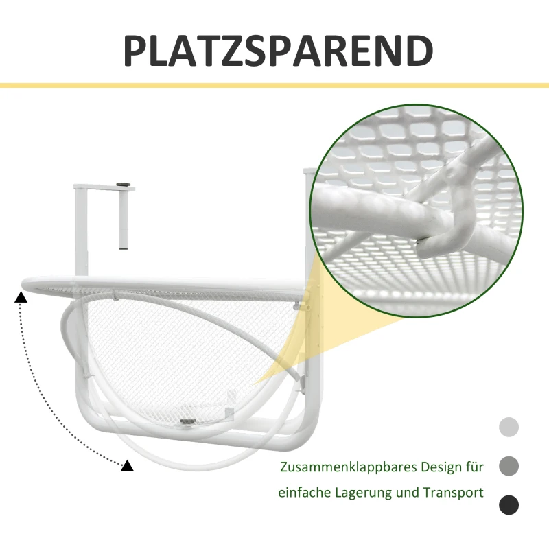 Outsunny Balkonhängetisch Hängetisch Gartentisch höhenverstellbar halbrund Ø30 cm Terrasse Metall Weiß L60 x B45 x H50 cm