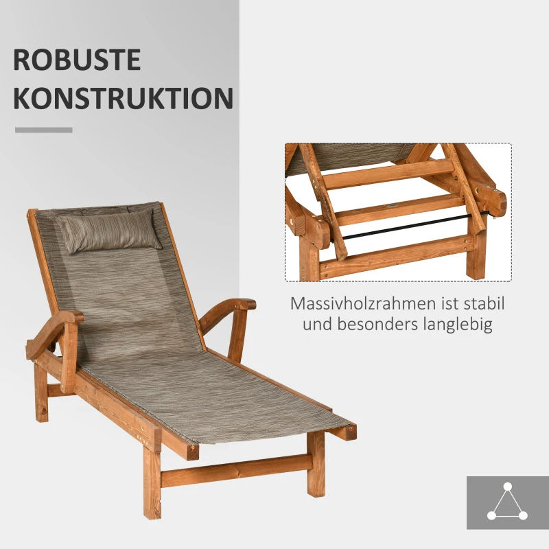 Outsunny Outdoor-Gartenliege, Sonnenliege, Massivholz, wetterbeständig, 194 cm x 70 cm x 32 cm, Braun + Grau
