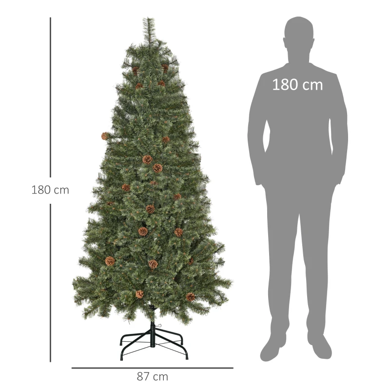 HOMCOM Sapin de Noël artificiel 180 cm arbre de décoration avec pommes de pin 450 branches épaisses stable avec base métallique