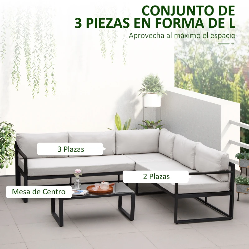 Outsunny Conjunto de Muebles de Jardín 3 Piezas de Aluminio Juego de Muebles con Mesa de Vidrio Sofá de 5 Plazas con Respaldo Ajustable y Cojines Extraíbles 206x68x62 cm Negro y Gris