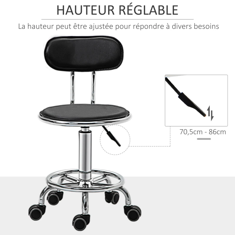 HOMCOM Tabouret à roulettes tabouret de massage pivotant 360° - ergonomique avec dossier - hauteur assise réglable 43,5-59 cm - revêtement synthétique noir et métal chromé