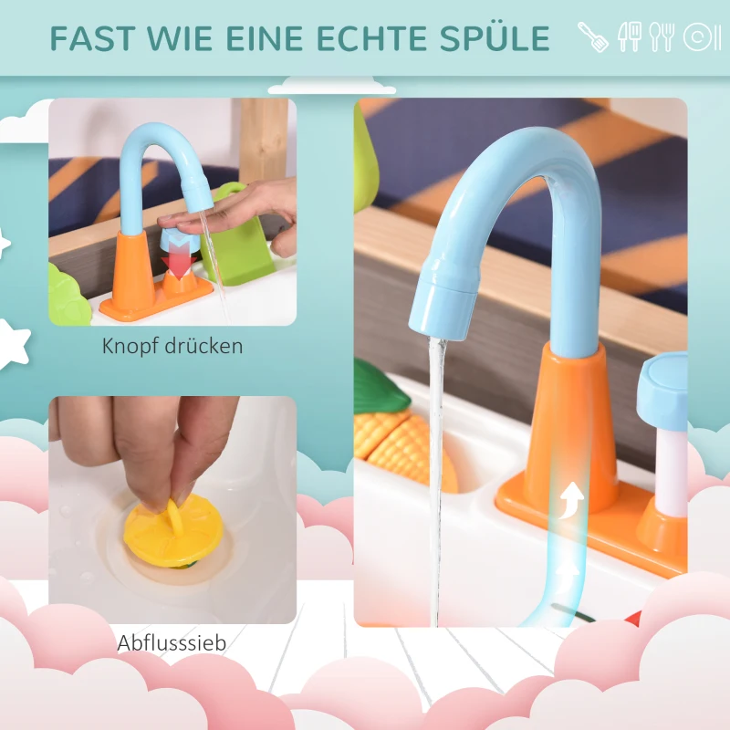 Outsunny Matschküche mit Wasserhahn Kinderküche mit Zubehör 14-Teilige Spielküche Spielzeugküche Holz Kunststoff Natur+Grau+Weiß 75 x 40 x 100 cm