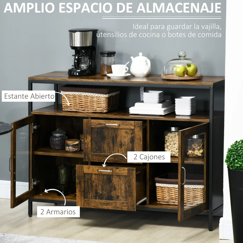 HOMCOM Aparador de Cocina Bueffet para Salón con 2 Puertas de Cristal 2 Cajones y Estantes Abiertos Armario Auxiliar de Estilo Industrial para Salón Comedor 120x40x88,5 cm Marrón Rústico