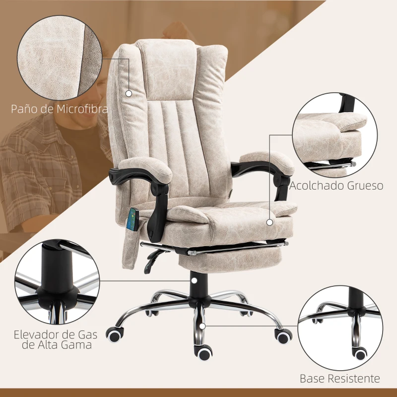 Vinsetto Silla de Masaje con 6 Puntos de Masaje Ajustable con Función de Calefacción Reposapiés Retráctil y Control Remoto Crema