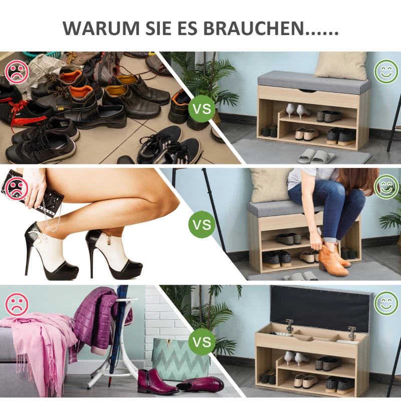 HOMCOM Schuhbank, Sitzbank, Sitztruhe, 2-in-1 Design mit Schuhregal, Versteckten Fach, gepolsterte Schuschrank mit Stauraum für Flur, Leinen, Natur+Grau, 80 × 30 × 48 cm