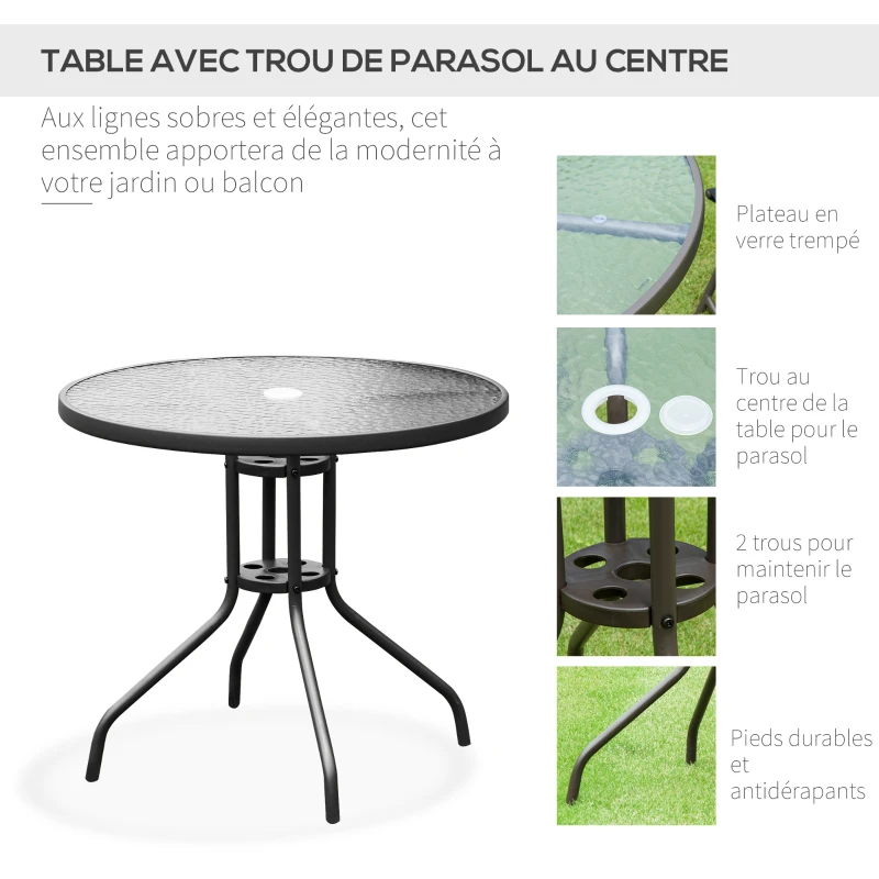 Outsunny Ensemble Salon de Jardin 6 pcs - Table Ronde + 4 chaises Pliables + Parasol - Acier époxy café textilène Polyester Noir