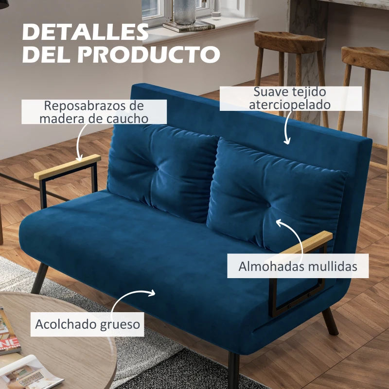 HOMCOM Sofá Cama Convertible 3 en 1 Sillón Cama 2 Plazas Plegable Respaldo Ajustable de 5 Niveles Almohadas 102x73x81 cm Azul(m-6)