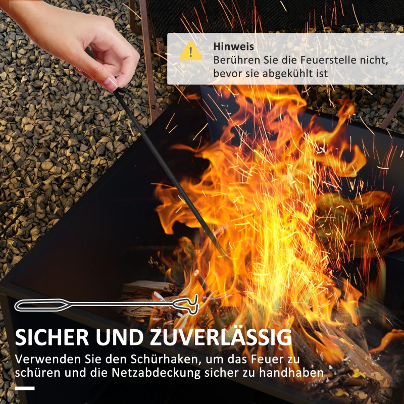 Outsunny 2 in1 Feuerschale, Tischplatte mit Keramikfliesen, Schürhaken, rostfrei, 101 x 51 x 56 cm, Schwarz(m-7)