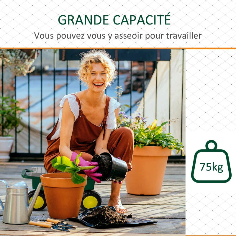 Outsunny Tabouret de Jardin Caisse à Outils 2 en 1 - Coffre et Plaque compartimentée de Rangement verrouillable - 4 roulettes, 2 poignées - PP Gris Jaune Vert