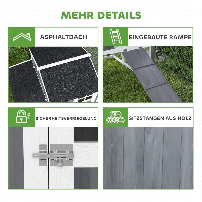PawHut Hühnerstall mit Auslauf für 3-4 Hühner, 3-tlg. Nistkasten, 1,9 m² Fläche, Tannenholz, Grau(m-7)