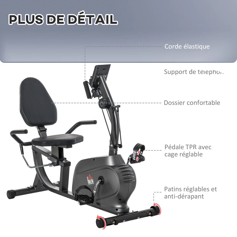 HOMCOM Vélo d'appartement vélo couché semi-allongé magnétique écran LCD multifonction selle réglable 2 bandes résistance acier noir(m-7)