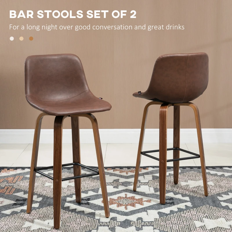 HOMCOM Bar Stools Set of 2, Breakfast Bar Chairs, PU Leather Upholstered Kitchen Stools with Backs and Wood Legs, Brown