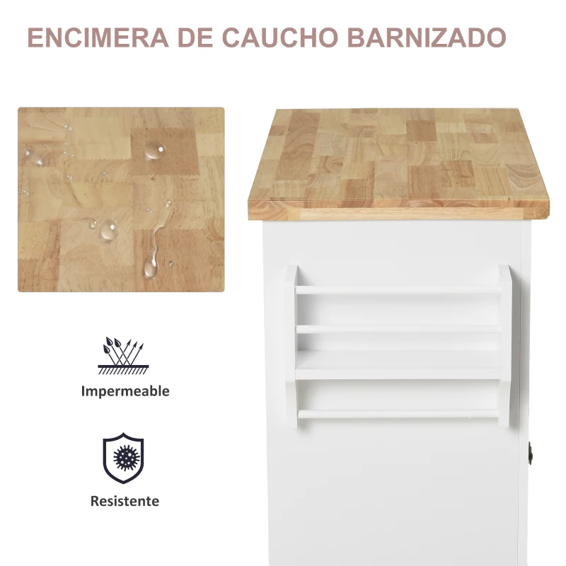 HOMCOM Isla de Cocina con Ruedas Mueble Auxiliar de Cocina con Especiero y Barra Lateral 111x44,5x82,5 cm Blanco