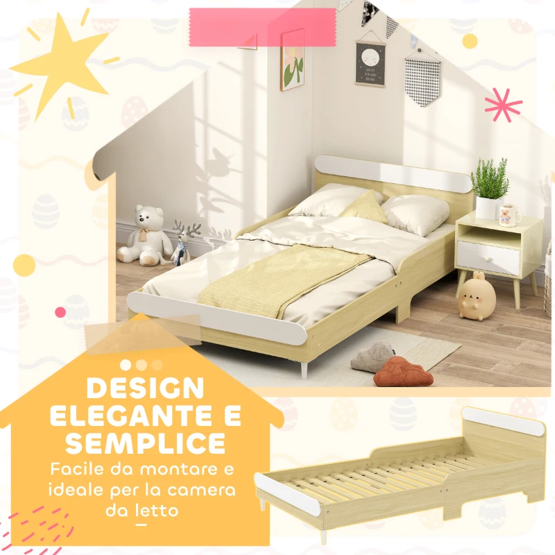 AIYAPLAY Letto per Bambini 3-10 Anni Basso con Sponde Laterali Alte, in Legno, 194.8x103x60.5 cm, Bianco e color Legno