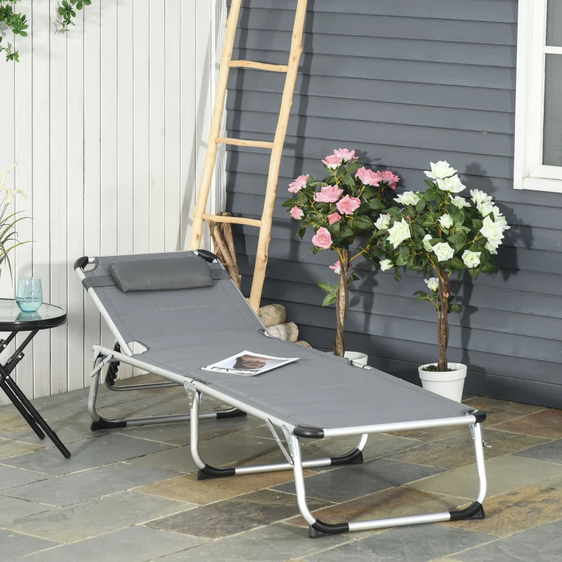 Outsunny Bain de soleil transat pliable dossier réglable multi-positions matelassage tétière aluminium textilène gris