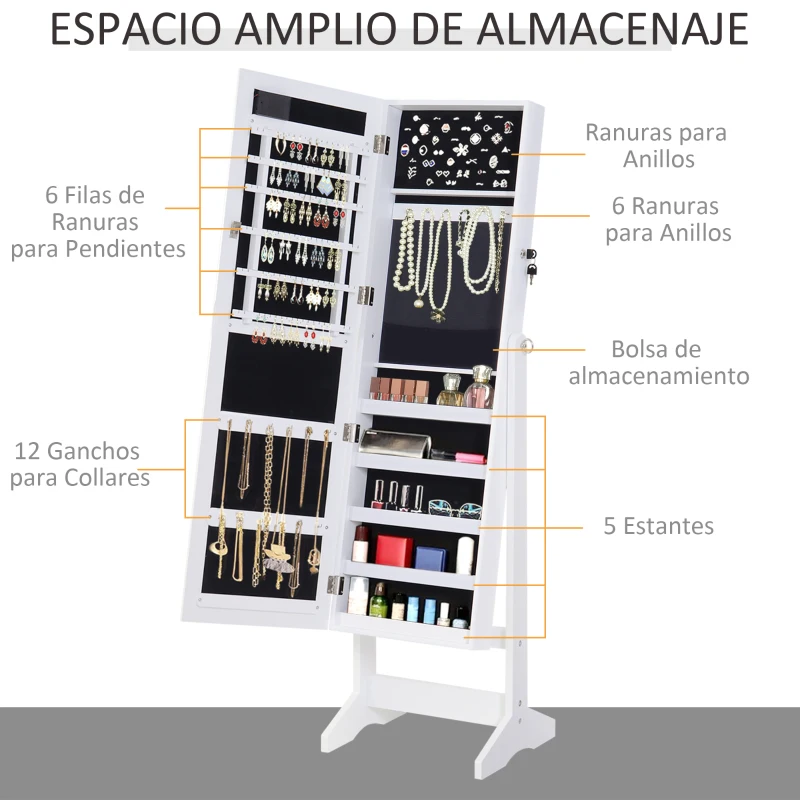 HOMCOM Espejo Joyero con 20 Luces LED Armario Joyero Reclinable con Guardajoyas Anillos Pendientes Collares 40x37x146 cm Blanco(m-4)
