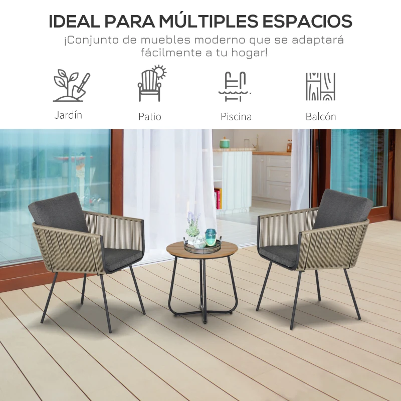 Outsunny Conjunto de Muebles de Jardín Juego de 3 Piezas Muebles de Ratán 1 Mesa Redonda y 2 Sillas Butaca con Cojines Acolchados para Balcón Terraza Acero Caqui y Gris
