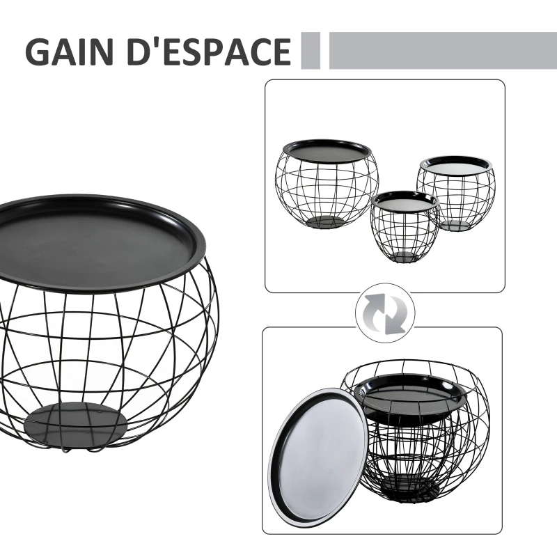 HOMCOM Lot de 3 Tables Basses gigognes Tables d'appoint Rondes encastrables Style néo-rétro métal Noir