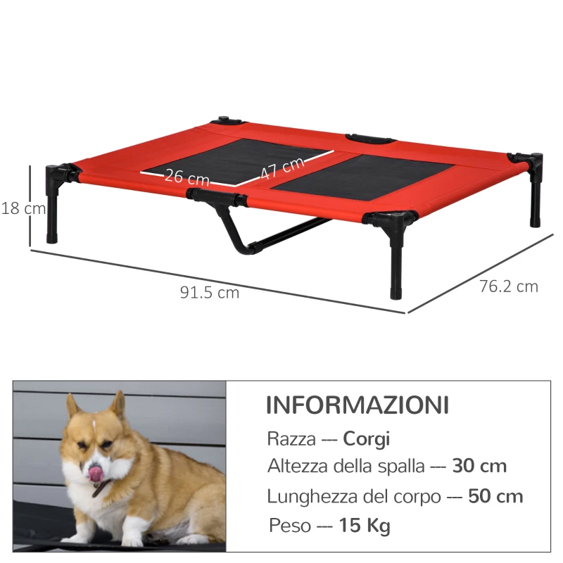 PawHut Lettino per Cani Grandi Rialzato con Tessuto a Rete, Peso Massimo 30kg, 91.5x76.2x18 cm, Rosso