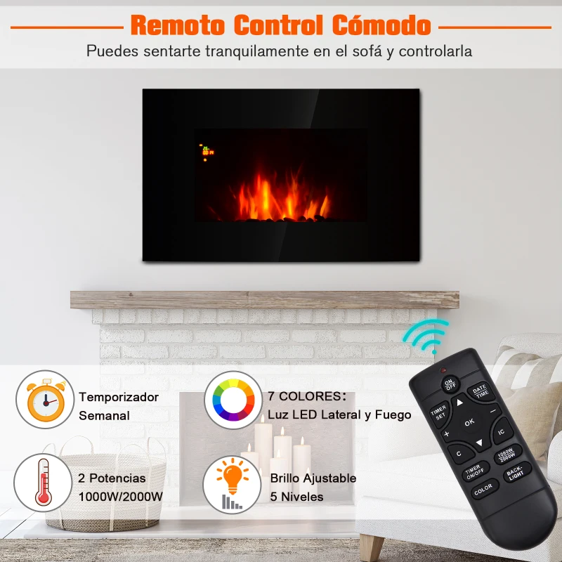 HOMCOM Chimenea Eléctrica de Pared Calefactor Estufa Eléctrica 1000/2000W Temporizador Termostato Auto-Control Llama LED 7 Color Mando a Distancia 90x9,5x56 cm