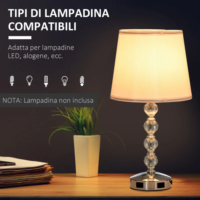 HOMCOM Lampada da Tavolo con Cristalli e 2 Prese USB, Interruttore Touch e Attacco E27, Ф23x45cm, Bianco e Argento