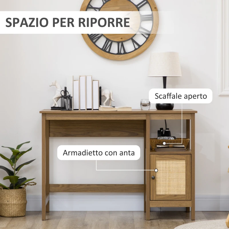 HOMCOM Scrivania in Legno con Ripiano e Armadietto con Anta in Rattan Stile Boho, 110x48x76cm, Noce