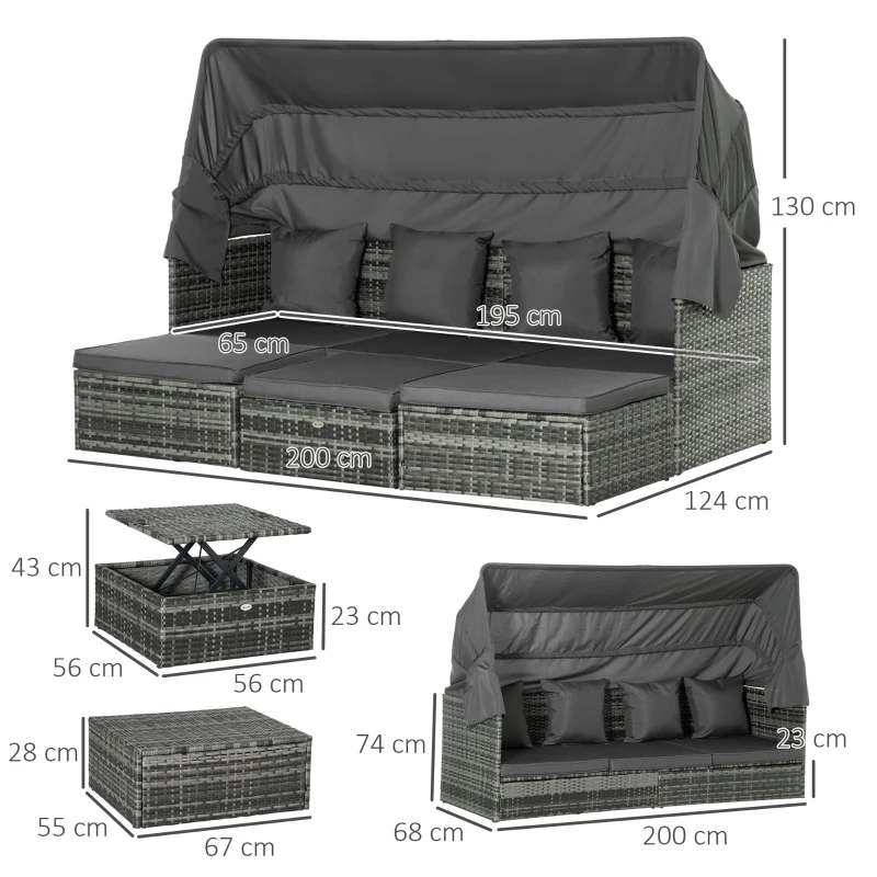 Outsunny Poly Rattan Lounge Set Loungegruppe mit Sonnendach Faltdach Sitzgruppe Sonneninsel  inkl. Kissen und Beistelltisch Gartenmöbel Outdoor Grau