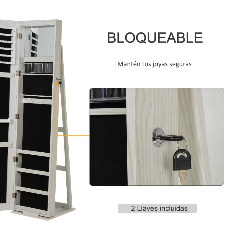 HOMCOM Espejo Joyero de Pie Armario Joyero con Luces LED y Cerradura Armario de Joyas con Espejo Integrada para Dormitorio Blanco con Veta de Madera