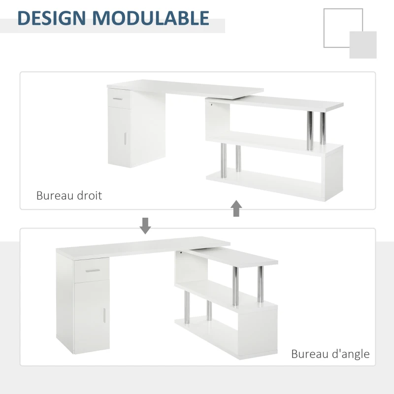 HOMCOM Bureau informatique bureau d'angle avec rangement table angulaire avec étagères, placard, tiroir blanc