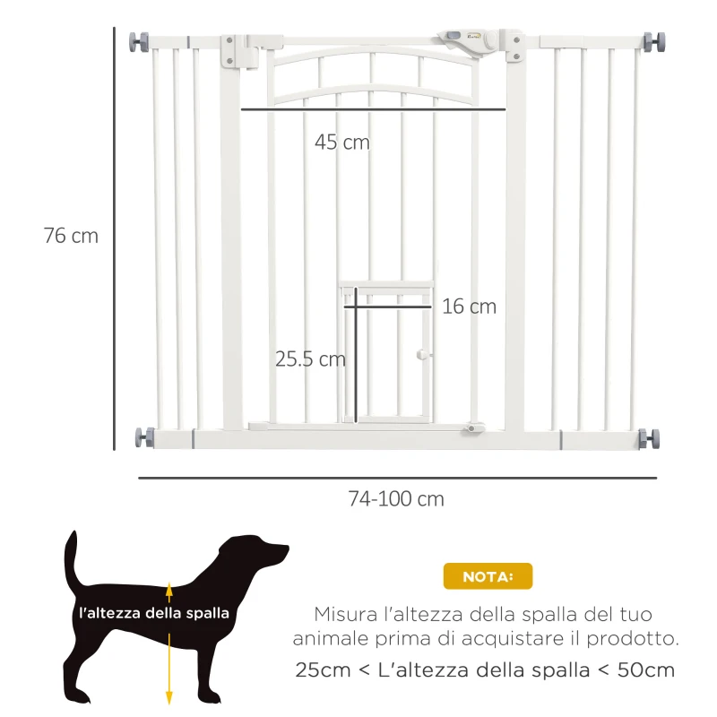 PawHut Cancellino per Cani taglia Piccola e Media con Chiusura Automatica, in Acciaio e PA, 74-100x76 cm, Bianco