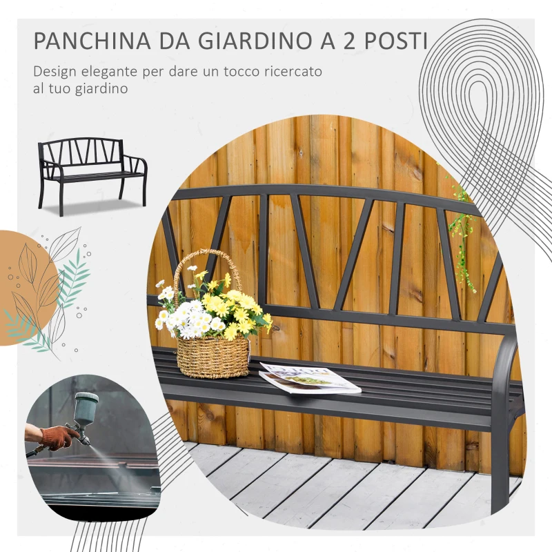Outsunny Panchina da Giardino in Metallo Nero Impermeabile, Panca da Esterno in Ferro 2 Posti, 128x56x86cm