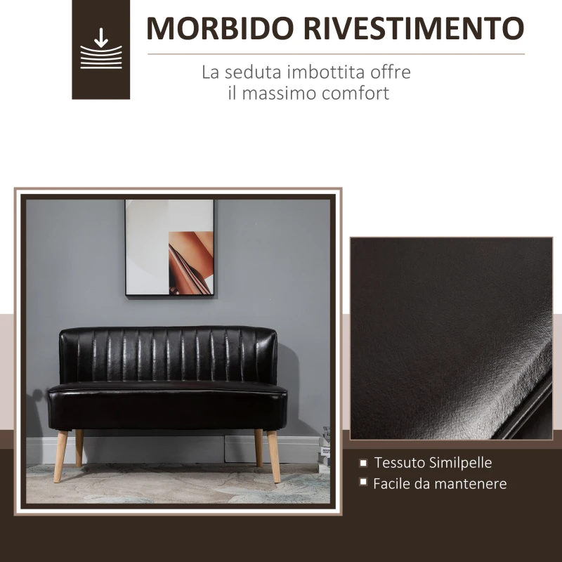HOMCOM Divano 2 Posti in Finta Pelle Senza Braccioli Design a Righe, Divanetto 2 Posti Imbottito Salvaspazio Moderno con Gambe in Caucciù per Soggiorno Salotto, 117x56.5x77 cm, Marrone Scuro